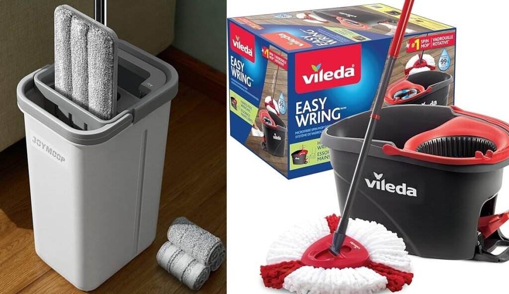 Mop and cleaning supplies displayed.